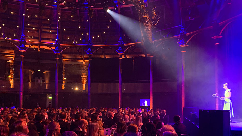 FDF CEO Karen Betts on stage, addressing audience at FDF Awards ceremony - Roundhouse, London 2024.