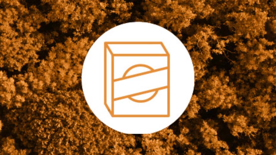 Box packet icon in yellow over yellow-washed image of tree tops